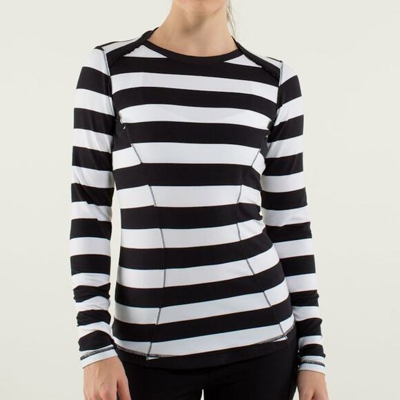 Lululemon Base Runner Long Sleeve Size 6 Bold Stripe Black White Rulu - Picture 1 of 10